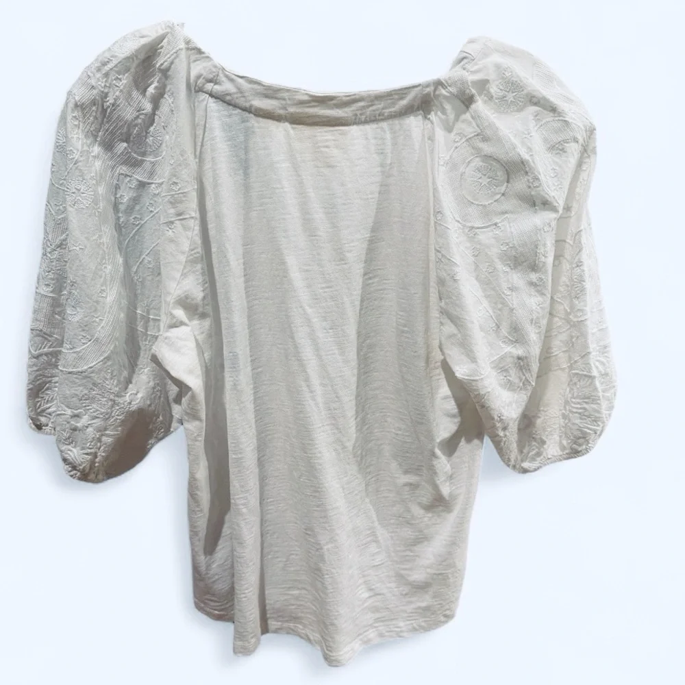 Maeve Anthropologie Harmony Lace Top Puff-Shoulder Size Medium White V Neck